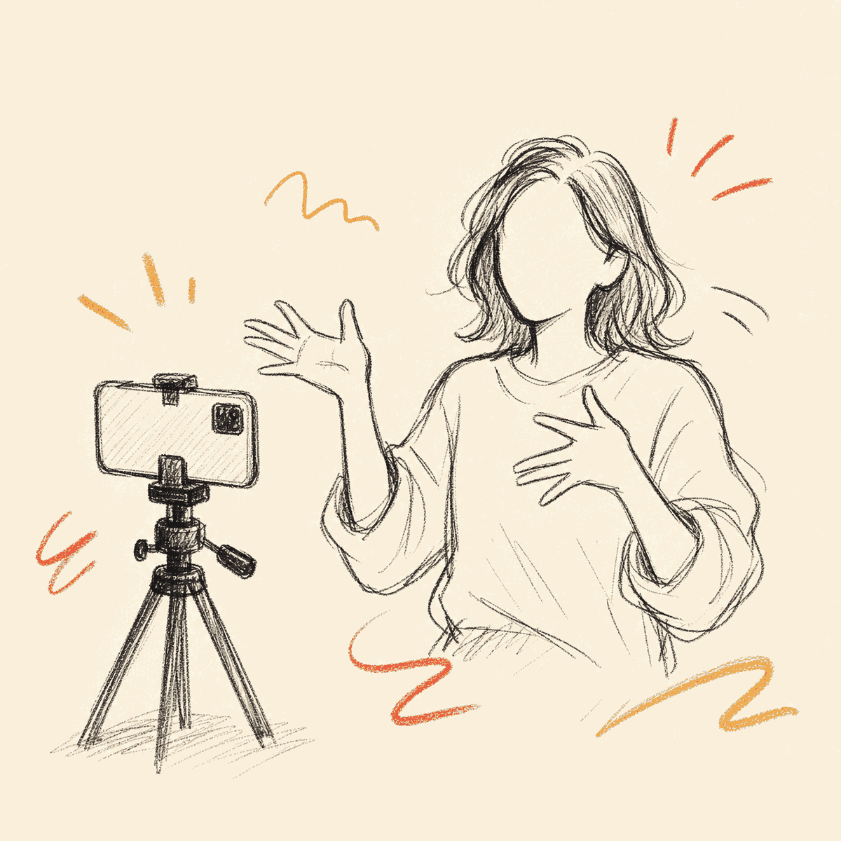 スタジオで芸人が広告動画の撮影に参加している様子を描いた手描き風イラスト